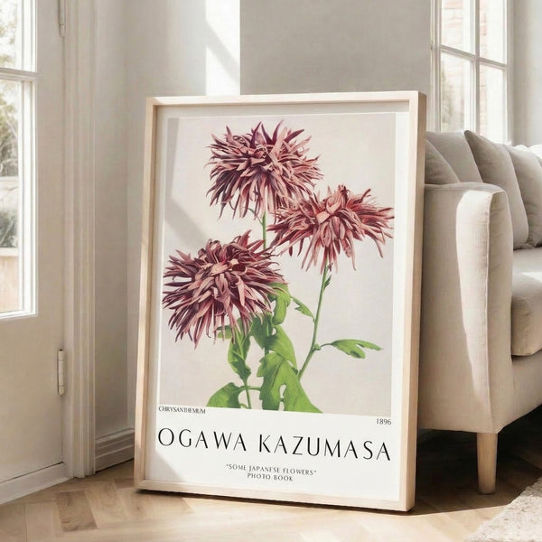 Botanical wall art print of an elegant chrysanthemum flower rendered in burgundy, pink, and leaf green with a softly refined Impressionist approach.