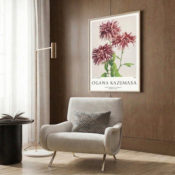 Art Nouveau-inspired botanical print featuring a delicate chrysanthemum bloom in soft pink and burgundy with naturalistic green stems and leaves on cream.