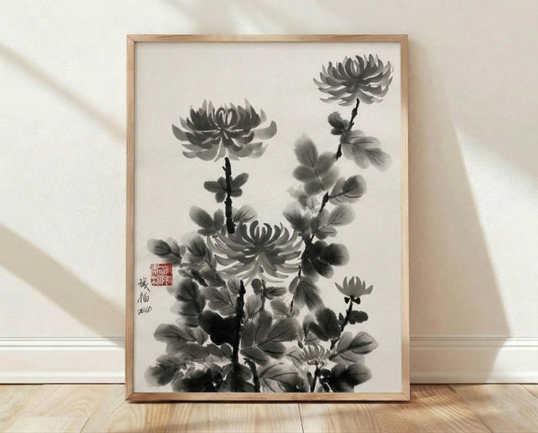 Serene sumi-e chrysanthemum ink wash painting in charcoal and black on cream background, displaying graceful minimalist Japanese calligraphy style.