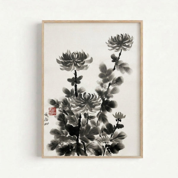 Framed Japanese sumi-e artwork featuring a delicate chrysanthemum rendered in soft gray and black ink wash with meditative minimalist aesthetic.