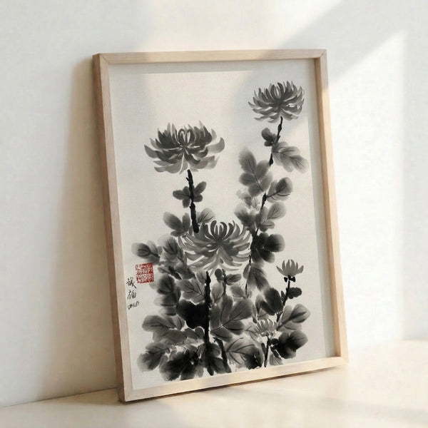 Elegant ink wash chrysanthemum print with flowing petals and leafy stem in charcoal tones, capturing zen wabi-sabi simplicity on cream paper.