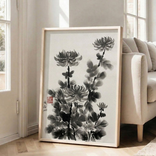 Japandi wall art poster of a chrysanthemum flower executed in traditional sumi-e technique with subtle gray and black brushwork.