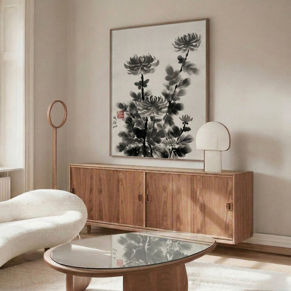 Minimalist chrysanthemum ink painting in muted charcoal and cream tones, embodying the graceful meditative spirit of Japanese sumi-e art.