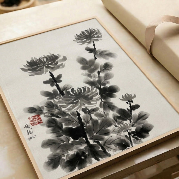 Soft monochromatic sumi-e chrysanthemum with delicate petals and branching stems rendered in black and gray ink on neutral background.