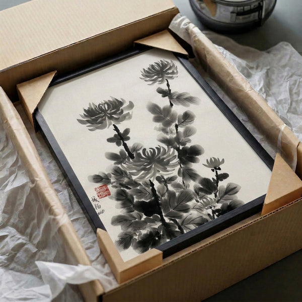 Zen-inspired floral ink wash artwork featuring a single chrysanthemum bloom, expressing serene Japanese aesthetic through restrained charcoal brushstrokes.