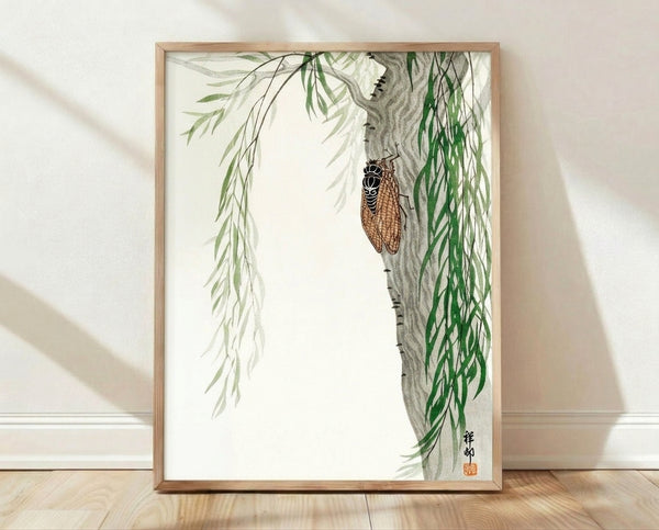 Japanese woodblock-style poster featuring a cicada perched on willow branches with delicate leaves in sage green and brown tones on cream background.