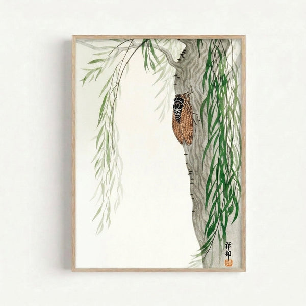 Minimalist framed art print depicting a cicada on willow tree bark in muted grays and blacks, exemplifying wabi-sabi naturalism and Japandi aesthetic.