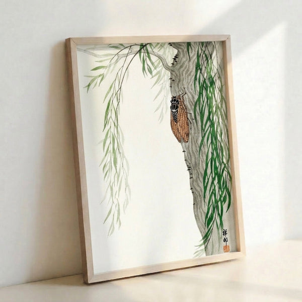 Serene nature poster showing detailed cicada insect among hanging willow fronds in soft greens and earth tones, inspired by traditional Japanese art.