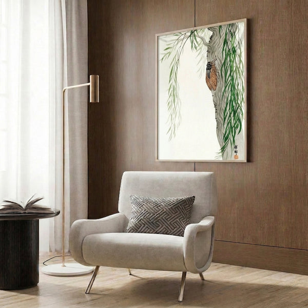 Japandi wall art featuring a cicada amid willow foliage in soft naturalistic tones, blending Japanese woodblock technique with modern minimalism.