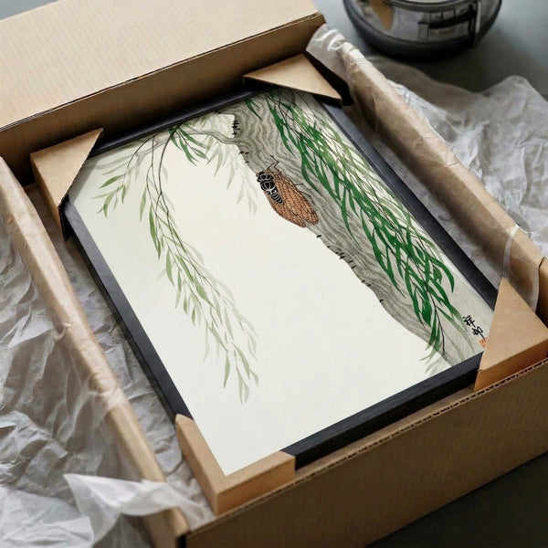 Peaceful nature print showing a cicada on willow bark with delicate organic linework in sage green and neutral tones, evoking contemplative Japanese aesthetics.