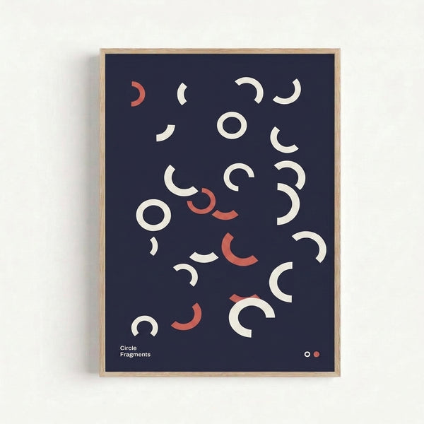 Modern art print with abstract circular arcs arranged in a systematic composition, navy and coral tones against cream, exemplifying Bauhaus principles.