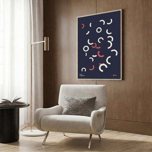 Framed minimalist artwork featuring abstract circular geometry in navy blue and coral red tones, calm and contemplative modern wall art.