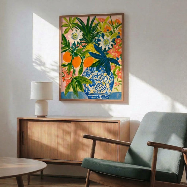 Cheerful botanical watercolor poster showing a charming blue vase filled with orange citrus flowers, pink blooms, and verdant foliage in a soft, naturalistic style.