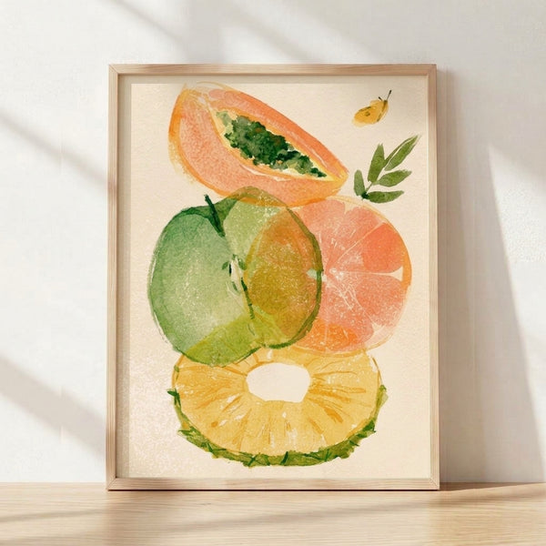 Watercolor painting of stacked citrus fruits including grapefruit, lime, and pineapple with a monarch butterfly and green leaves in peachy, coral, and golden tones.