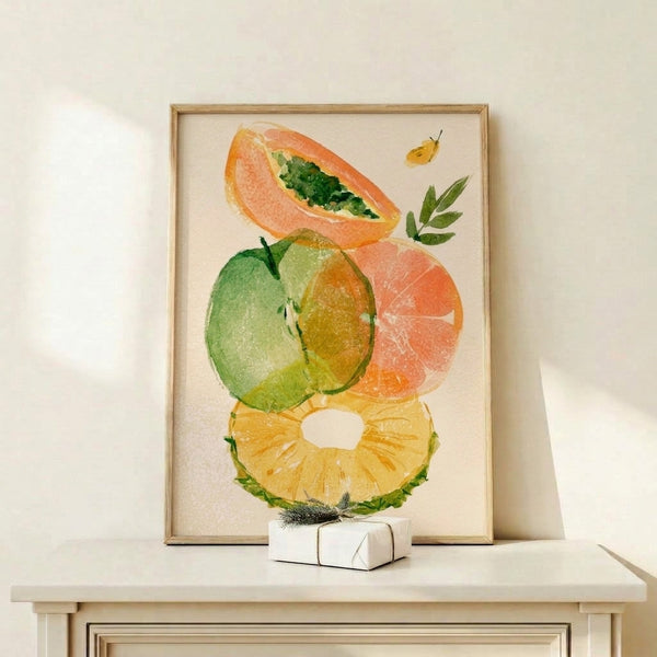 Fresh botanical watercolor art featuring layered citrus slices in warm peach and yellow hues accented with sage green foliage and an orange butterfly.