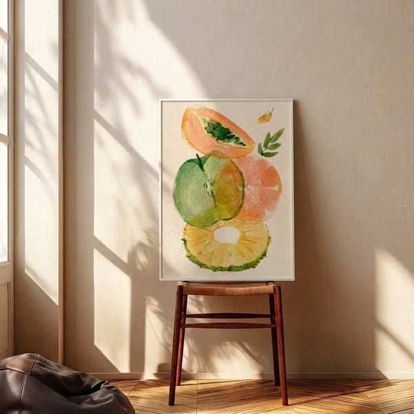Light summery watercolor composition of citrus fruits in coral and cream with delicate leaves and a monarch butterfly in soft, organic brushstrokes.