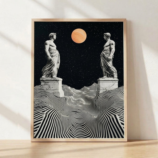 Surreal abstract poster featuring two monumental statues against a cosmic void with swirling planets and starry landscape in black, white, coral, and gray tones, evoking a dreamlike otherworldly mood.