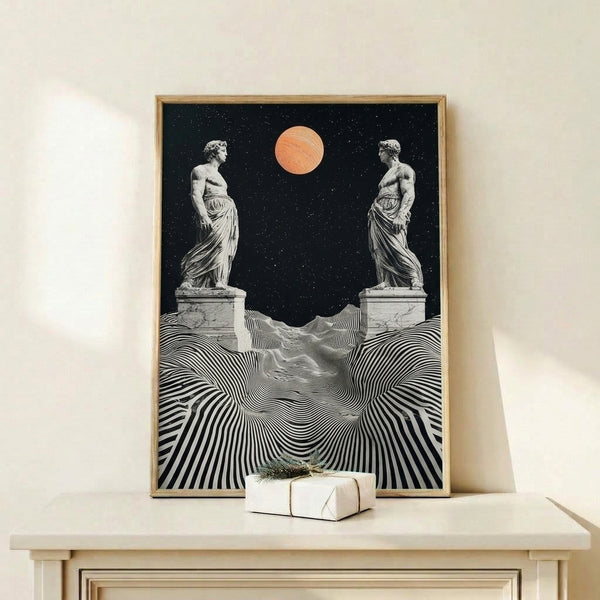 Modern parametric art print showing twin statue forms suspended in an ethereal space with celestial bodies and abstract terrain, rendered in contemplative blacks, whites, and coral accents.