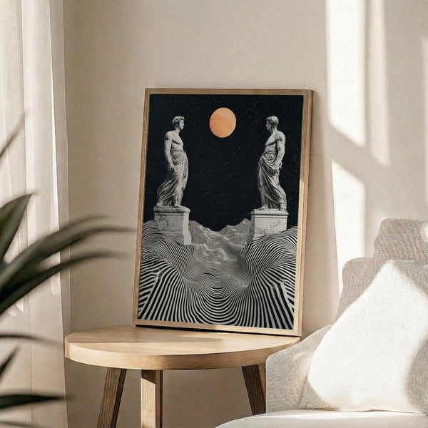 Framed kinetic wall art depicting surreal stone figures overlooking a starlit abstract landscape with geometric planets, blending monochromatic and coral tones in an imaginative composition.
