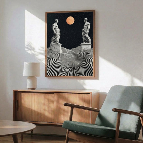 Contemporary surreal poster with two sculptural forms dominating a cosmic scene of stars and floating planetary forms, executed in a minimalist palette of black, white, and warm coral hues.