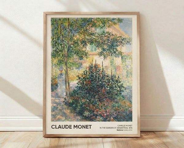Impressionist painting of a woman in a garden surrounded by blooming flowers and lush green foliage, rendered in soft greens, pale blues, and warm ochres with a serene, luminous quality.