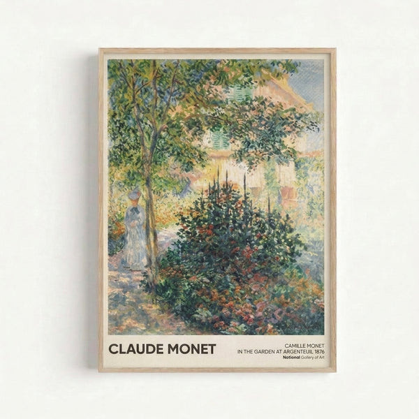 Framed art print depicting a contemplative figure walking through a sunlit garden with delicate brushstrokes in muted rose pink, cream, and green tones characteristic of Impressionist style.