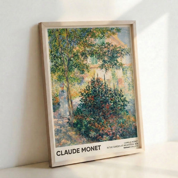 Soft, luminous garden scene with a solitary woman among flowering plants and trees, painted in gentle greens and pale blues with warm ochre accents in an Impressionist aesthetic.