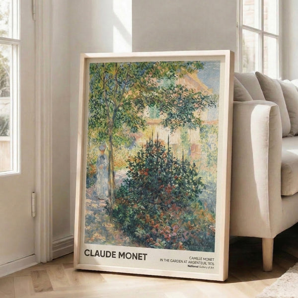 Serene Impressionist artwork showing a figure in a blooming garden landscape, featuring soft color palette of cream, rose pink, green, and pale blue with atmospheric brushwork.