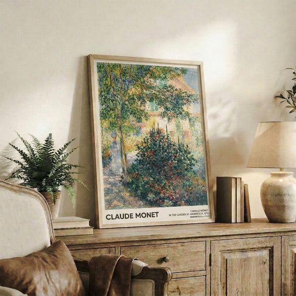 Contemplative Impressionist garden painting with a woman surrounded by flowers and foliage in delicate tones of soft green, warm ochre, and pale blue creating a peaceful mood.