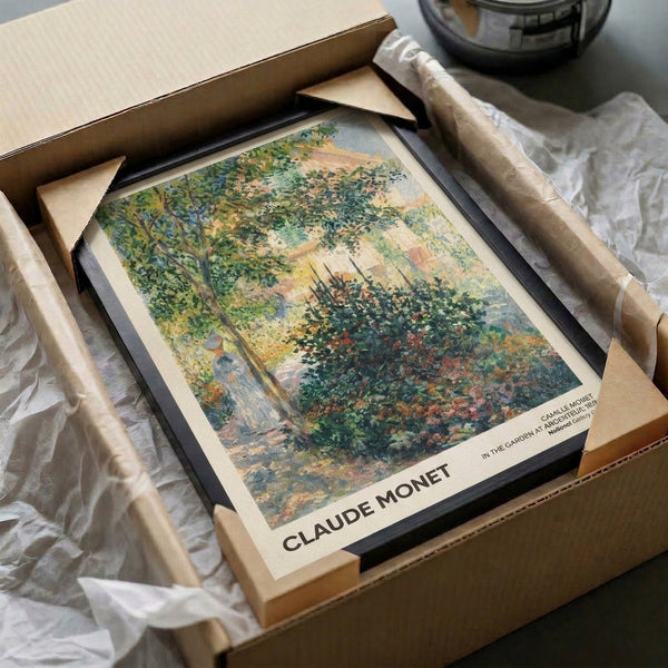 Soft, dreamy garden landscape featuring a woman amid blooming plants and verdant foliage, painted in the Impressionist style with a palette of pale blue, warm ochre, and soft greens.