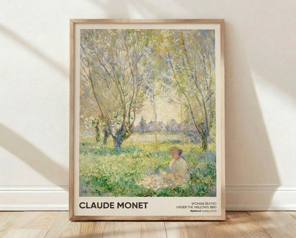 Impressionist painting of a serene woman seated beneath drooping willow branches, rendered in soft greens, pale yellows, and muted blues with a contemplative mood.