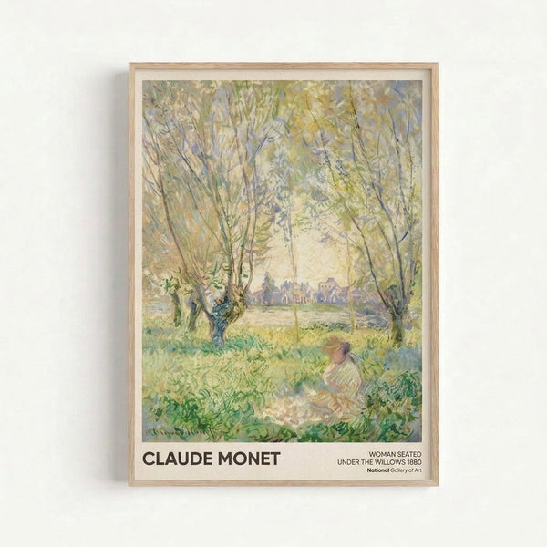 Vintage-style framed watercolor landscape print featuring a peaceful figure resting under willow trees with distant buildings and soft lavender tones.