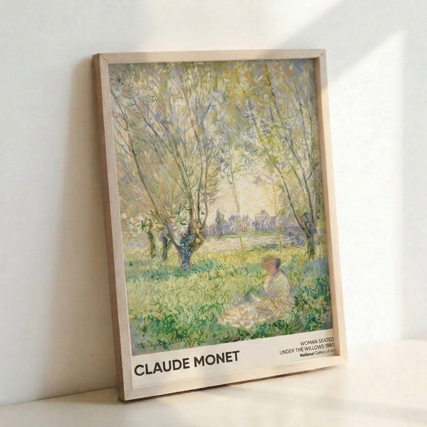 Soft impressionist artwork depicting a tranquil woman under graceful willow branches overlooking a river, in muted cream and green hues.