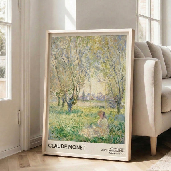 Peaceful watercolor-style landscape art print of a woman under willow trees with distant architecture, rendered in soft greens and creamy tones.