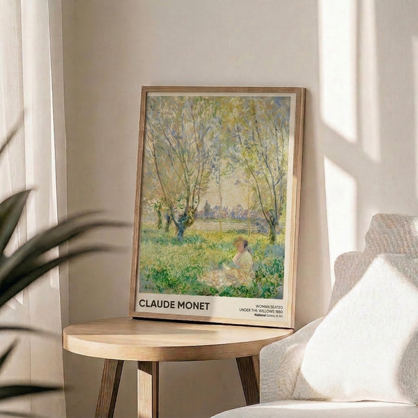 Vintage impressionist framed print of a tranquil figure beneath drooping willow trees with soft lavender and pale yellow tones in a peaceful composition.