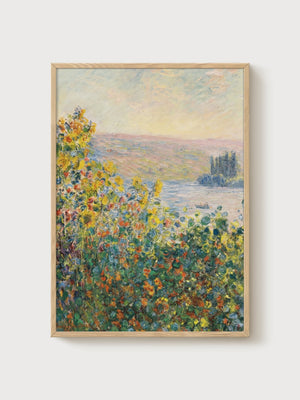 Claude Monet Flower Beds at Vetheuil Poster poster in oak frame