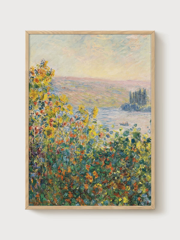 Claude Monet Flower Beds at Vetheuil Poster poster in oak frame