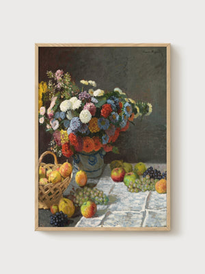 Claude Monet Still Life With Flowers And Fruit Print poster in oak frame