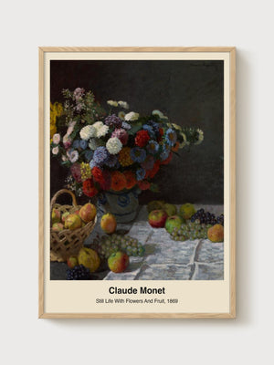 Claude Monet Still Life With Flowers And Fruit Print poster in oak frame