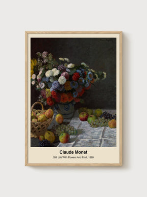 Claude Monet Still Life With Flowers And Fruit Print poster in oak frame