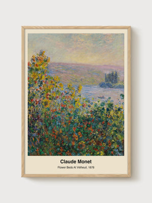 Claude Monet Flower Beds at Vetheuil Poster poster in oak frame