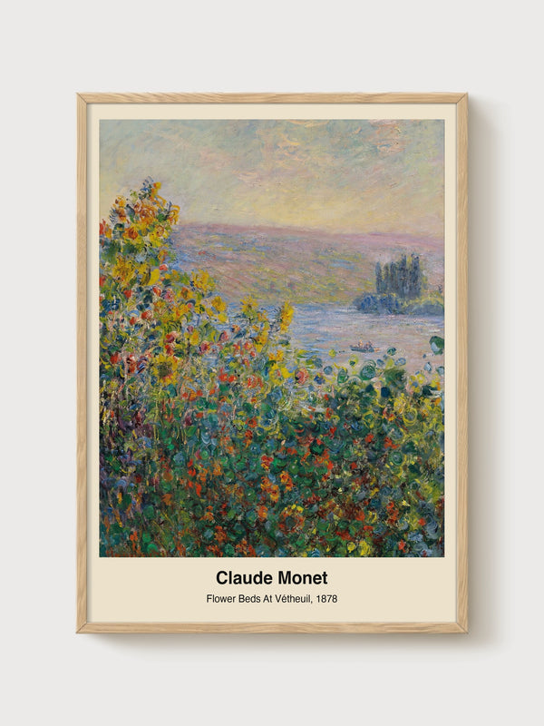 Claude Monet Flower Beds at Vetheuil Poster poster in oak frame