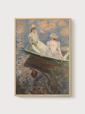 Claude Monet Young Girls in a Row Boat Print poster in oak frame