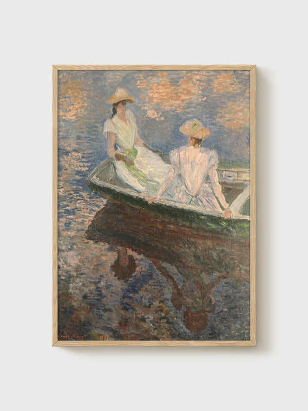 Claude Monet Young Girls in a Row Boat Print poster in oak frame