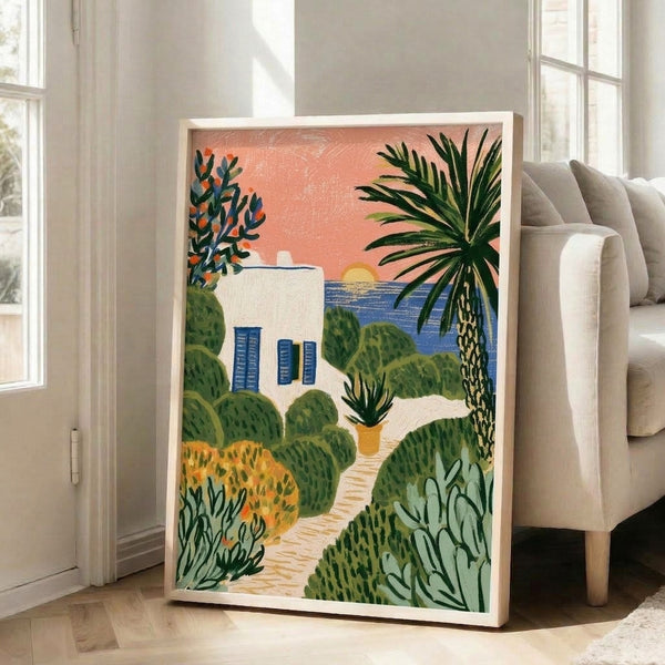 Boho art print of a serene beachside cottage surrounded by tropical vegetation and blooming flowers, with ocean waters and warm sunset colors in cream, coral, and blue hues.