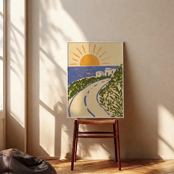 Art deco coastal scene poster showing a nostalgic sunrise landscape with cream pathway, sapphire ocean, and verdant hills dotted with buildings in warm vintage colors.