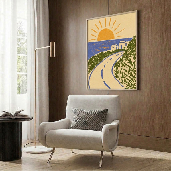 Framed vintage coastal artwork featuring an optimistic sunrise over stylized sea and road, executed in art deco aesthetic with golden, blue, and green palette tones.