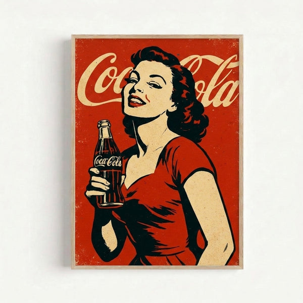 Vintage-style art print featuring a stylized woman and classic Coke bottle in nostalgic 1950s pop art aesthetic with vibrant red and cream palette.
