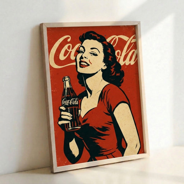 Retro Americana poster art depicting a glamorous pin-up figure alongside a Coca-Cola bottle, executed in rich reds and cream with bold pop art styling.