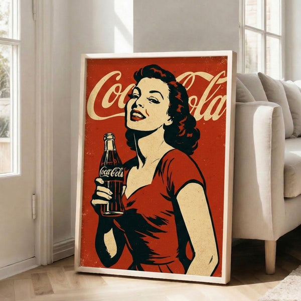 1950s-inspired pop art wall decor showing an elegant woman and iconic Coke bottle in warm reds and creams with a nostalgic, glamorous mood.